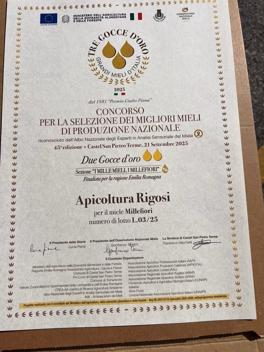 Il certificato del concorso Tre Gocce d’Oro